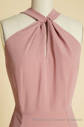 Dusty Pink Twist-Front Backless Long Semi Formal Prom Dress